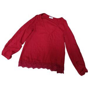 Tobi Red Womens Long Slit Sleeve Blouse Lace Trim Size Extra Small